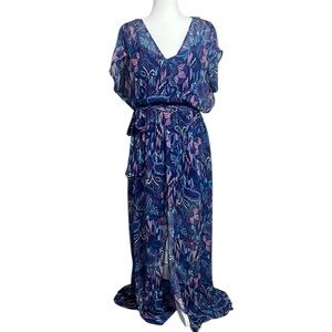 NWT Ramy Brook Exclusive Printed Marion Maxi Dress Blue Pink Pockets XS